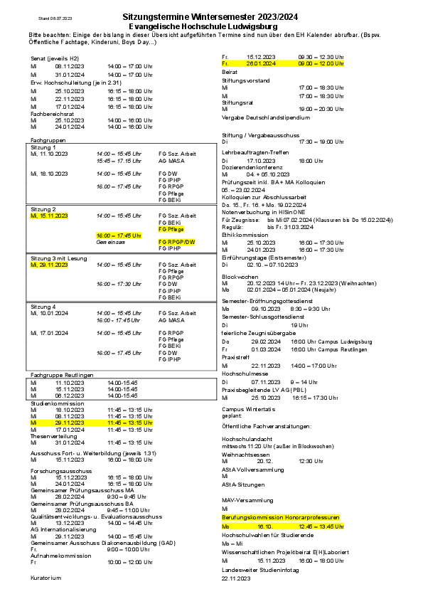 Sitzungstermine Gremien Wintersemester 2023 2024