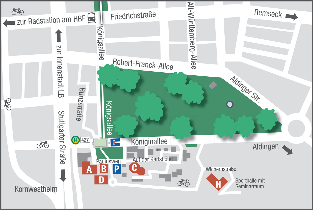Lageplan unseres Campus mit einzelnen Gebäuden