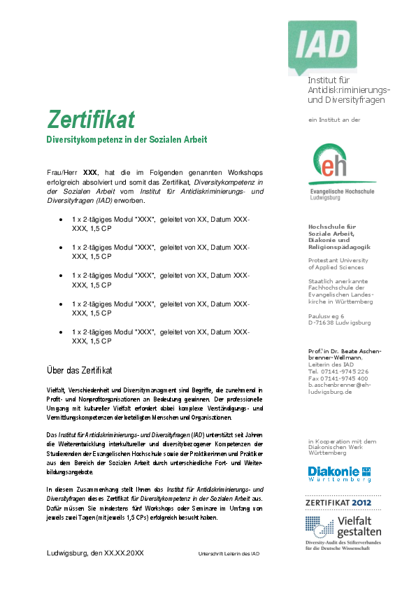 Ansicht Zertifikat Diversitykompetenz in der Sozialen Arbeit